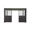 Modern black privacy patio enclosure with horizontal slats and integrated lighting for stylish outdoor living spaces.