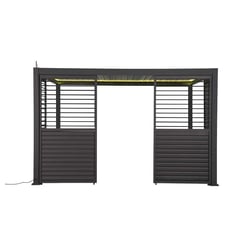 Modern black privacy patio enclosure with horizontal slats and integrated lighting for stylish outdoor living spaces.