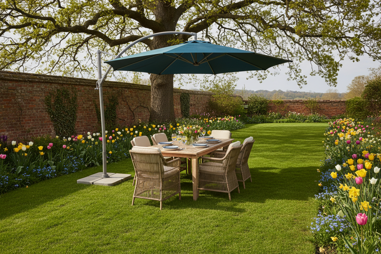 A photorealistic, wide-angle shot of a large, modern cantilever parasol with a deep teal canopy, elegantly positioned over a stylish outdoor dining set on a manicured lawn in a quintessential UK garden. The scene is bathed in the soft, diffused light of a bright spring morning, with dappled sunlight filtering through the leaves of a mature oak tree in the background. Lush green grass, borders bursting with vibrant tulips and daffodils in shades of yellow, pink, and white, and a hint of a traditional brick garden wall create a warm, inviting, and aspirational atmosphere. The composition emphasizes the parasol as a central, functional, and aesthetic element, offering shade and enhancing the outdoor living space. The overall color palette is fresh and vibrant, evoking the essence of spring.
