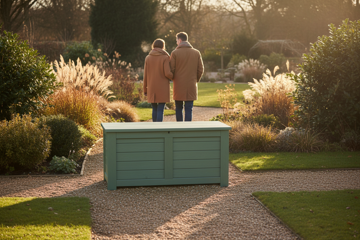 A medium shot, captured from a slightly elevated angle, shows a stylish sage green outdoor storage chest at the end of a gravel path in a well-maintained UK garden. In the background, a couple in warm autumn jackets walk away, their breath visible in the cool air. The garden features dried ornamental grasses and evergreen shrubs, bathed in the soft, golden winter sunlight of the golden hour, casting long shadows and creating a warm glow. This photorealistic image conveys peaceful enjoyment and the chest's integration into an aspirational outdoor space.