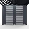 Modern black metal outdoor privacy screen with horizontal slats for garden and patio decor.