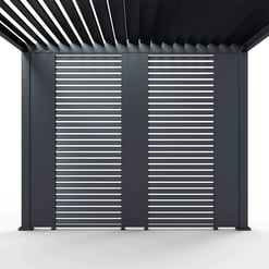 Modern black metal outdoor privacy screen with horizontal slats for garden and patio decor.