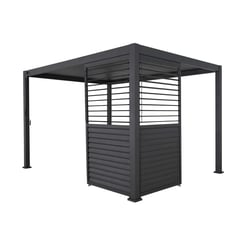Modern black pergola with a privacy side wall, perfect for outdoor living and garden decor, providing shade and style for backyard gatherings and garden enhancement.