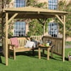 Elegant wooden outdoor gazebo with seating area, perfect for garden relaxation and outdoor dining, surrounded by lush green lawn and backyard decor.