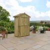Wooden outdoor garden shed on patio with potted plants and scenic landscape in the background, ideal for garden storage, DIY projects, and outdoor organization.