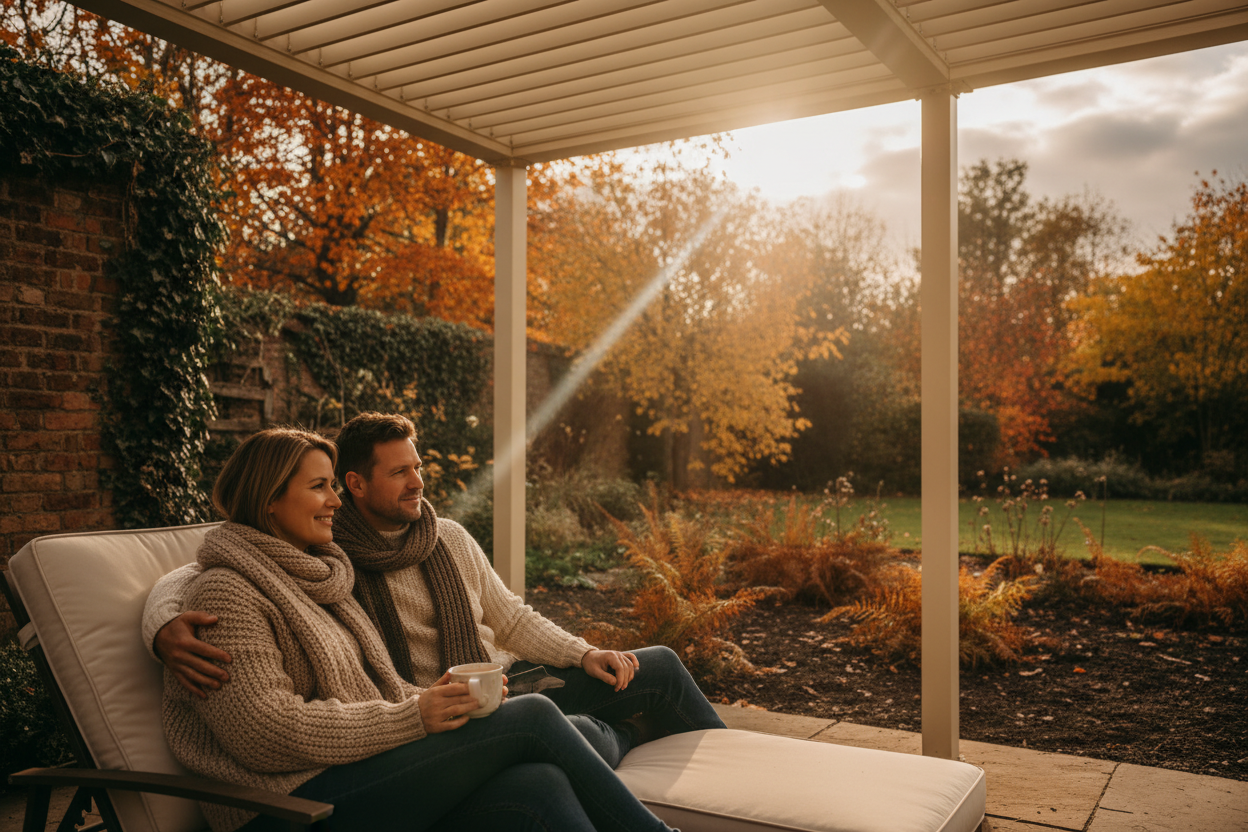 A photorealistic medium shot of a couple in their late 30s, dressed in warm knitwear, sharing a peaceful moment under a cream-coloured louvered pergola in a vibrant UK garden during Autumn. The late afternoon sun, breaking through clouds, casts a soft, golden light across the scene. They are seated on comfortable outdoor chairs, one holding a mug of tea, gazing at the garden. The pergola's partially open louvers allow dappled sunlight to fall on the patio. Behind them, the garden displays rich Autumn colours: fiery orange and yellow leaves, deep green ivy, and damp brown earth. The atmosphere is serene, intimate, and aspirational, showcasing extended outdoor living as the seasons change, with a warm colour palette of ochre, burnt orange, deep greens, and soft creams.