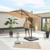 Stylish outdoor patio with a large beige umbrella, potted plants, and modern decor, perfect for relaxing and entertaining in your garden or backyard space.