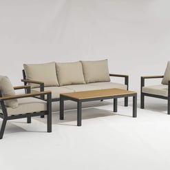 Outdoor patio furniture set with beige cushions, black metal frames, and wooden accents, ideal for garden, porch, or outdoor living space. Perfect for relaxation and entertaining.