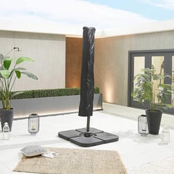 Modern outdoor patio with umbrella, decorative lanterns, lush potted plants, and contemporary design elements, perfect for outdoor living and entertaining.