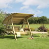 Stylish wooden garden swing with canopy, perfect for outdoor relaxation and enjoying scenic yard views in a lush, landscaped garden setting.