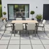 Elegant modern outdoor dining table with six cushioned chairs on a stylish tiled patio, featuring lush potted plants and a contemporary house exterior, perfect for outdoor entertaining and garden decor.