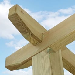 Rough wooden crossbeam for outdoor pergola or gazebo construction, showcasing sturdy timber framing, ideal for garden or backyard projects, durable and weather-resistant lumber for home improvement.