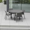 Modern outdoor patio dining set with round table and six chairs, perfect for garden or backyard relaxation, featuring durable materials and sleek design.