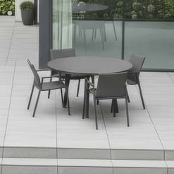 Modern outdoor patio dining set with round table and six chairs, perfect for garden or backyard relaxation, featuring durable materials and sleek design.