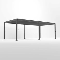 Aluminum pergola with adjustable shade slats, modern outdoor structure for patio or garden, Empire Home and Garden logo.