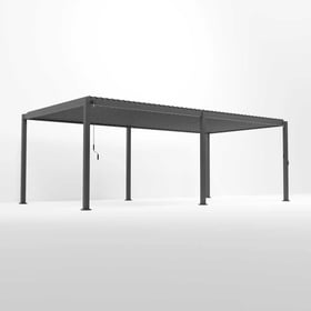 Aluminum pergola with adjustable shade slats, modern outdoor structure for patio or garden, Empire Home and Garden logo.