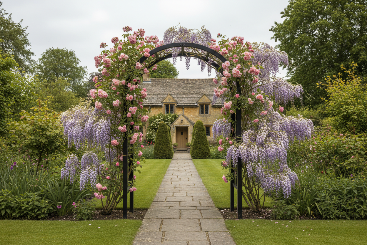 A powder-coated black metal garden arch, approximately 2.5 meters tall, stands at the entrance to a blooming Cotswolds garden. Pink roses and purple wisteria cascade over the arch, which frames a stone path leading into the garden. A traditional English cottage is visible in the background. The image is captured in soft, diffused morning light, highlighting the vibrant greens, soft pinks, and delicate purples.