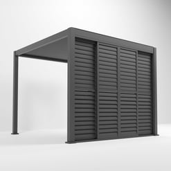 Modern black metal slatted outdoor pergola for garden or patio, providing shade and stylish design. Durable, sleek structure ideal for outdoor living spaces and garden enhancements.