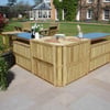 Natural wooden outdoor kitchen island with stainless steel countertop, perfect for garden entertaining and outdoor cooking.