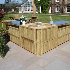 Natural wooden outdoor kitchen island with stainless steel countertop, perfect for garden entertaining and outdoor cooking.