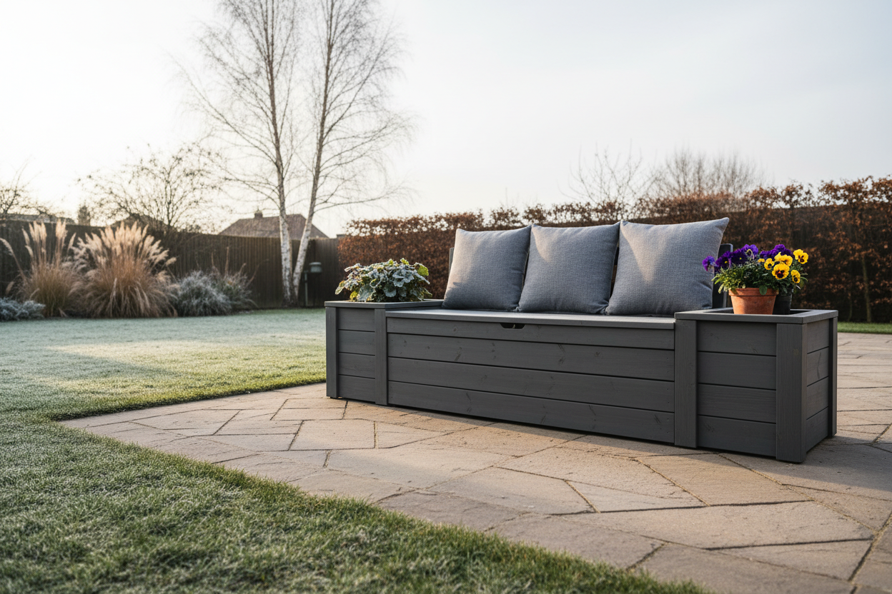 A photorealistic, wide-angle shot of a modern, charcoal grey wooden outdoor storage bench with integrated planters, positioned on a paved patio in a typical UK suburban garden during winter. The garden features a neatly trimmed lawn, a few dormant ornamental grasses, and a mature, bare-limbed birch tree in the background. Soft, diffused natural daylight from a late afternoon winter sun casts long, gentle shadows. The bench is tastefully accessorized with a few plump, grey outdoor cushions and a small terracotta pot with a hardy winter-flowering pansy. The overall atmosphere is warm, inviting, and aspirational, showcasing practical storage solutions for the colder months. The color palette is muted with shades of grey, brown, and deep green, punctuated by the subtle warmth of the wood. Professional product photography quality, with a shallow depth of field blurring the background.