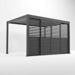 Modern black metal pergola with adjustable louvers, ideal for outdoor patios and garden spaces. Stylish, durable, and perfect for creating shaded outdoor living areas.