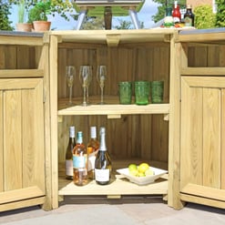 Elegant outdoor wooden bar cabinet with shelving and storage for beverages and glassware, perfect for backyard entertainment and outdoor gatherings.
