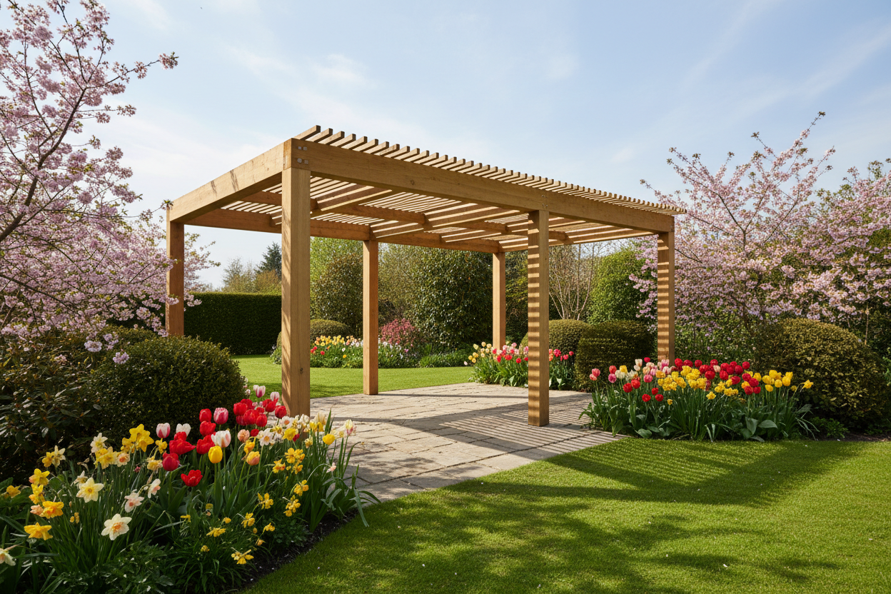 A wide, photorealistic shot of a contemporary modern pergola made of sustainable timber with clean lines, set in a lush, vibrant UK garden during spring. The pergola is situated over a flagstone patio, with sunlight streaming through its partially open louvre roof, casting dappled shadows. Blooming spring flowers like tulips, daffodils, and cherry blossoms in soft pinks and yellows surround the structure, alongside manicured evergreen shrubs. The grass is bright green, and the sky is a clear, soft blue with wispy clouds. The natural late morning daylight creates a warm and inviting atmosphere. The image is composed at eye-level, highlighting the pergola as the central feature, with a shallow depth of field blurring the background foliage to emphasize an aspirational quality. The color palette features fresh greens, soft floral pastels, and the warm tones of natural wood.