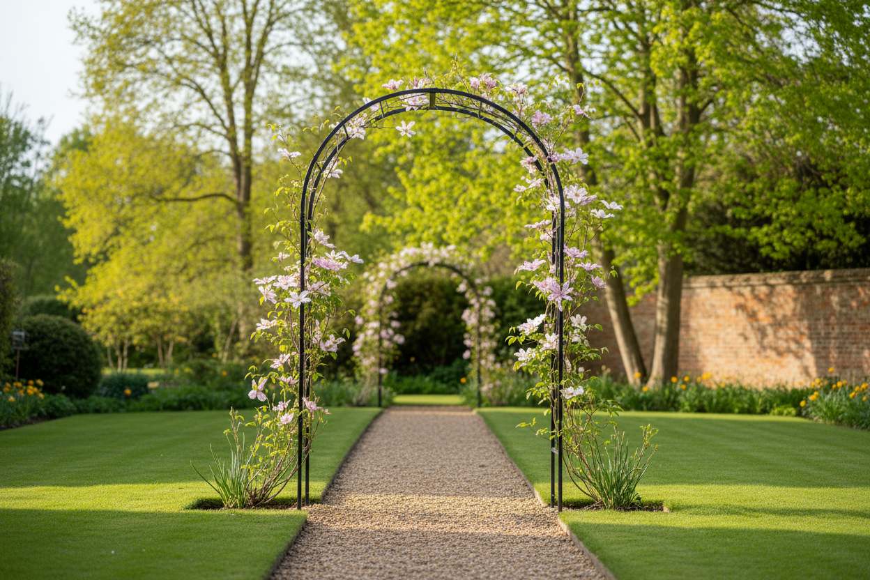 A photorealistic, wide-angle view of a contemporary black metal garden arch, approximately 2.5 meters tall, at the end of a gravel path in a UK spring garden. Delicate pink and white clematis vines with emerging green foliage are climbing the arch. The background includes manicured lawns, mature deciduous trees with fresh green leaves, and a hint of a brick wall. Soft late morning sunlight casts gentle shadows, highlighting the textures of the plants and metal. The scene evokes a warm, inviting, and aspirational atmosphere with a color palette of greens, soft pinks, and muted garden tones.