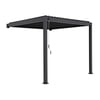 Black metal pergola with adjustable canopy for outdoor shade and patio coverage. Perfect for backyard gardens, outdoor entertaining, and garden decor. Durable and stylish garden and patio furniture.