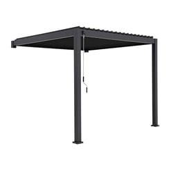 Black metal pergola with adjustable canopy for outdoor shade and patio coverage. Perfect for backyard gardens, outdoor entertaining, and garden decor. Durable and stylish garden and patio furniture.