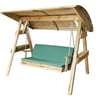 Rustic wooden outdoor swing with canopy, cushioned seat, and sturdy frame, perfect for garden relaxation and outdoor living. Ideal for backyard patio or garden décor.