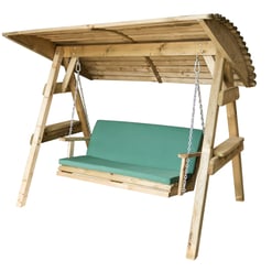 Rustic wooden outdoor swing with canopy, cushioned seat, and sturdy frame, perfect for garden relaxation and outdoor living. Ideal for backyard patio or garden décor.
