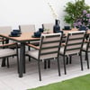 Stylish outdoor dining set with a wooden table, cushioned chairs, surrounded by lush greenery and blooming purple hydrangeas, perfect for garden gatherings and patio entertaining.