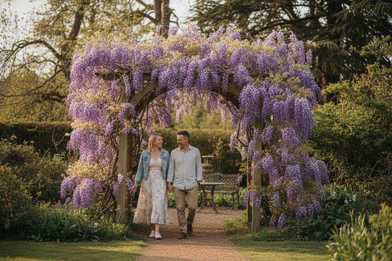 A photorealistic medium shot of a couple in their late 30s, casually dressed in spring attire, walking hand-in-hand through an overgrown UK cottage garden. They are passing under a rustic wooden arch covered in vibrant purple wisteria in full bloom. Sunlight filters through the foliage, creating a warm, golden glow and dappled light, highlighting the peaceful atmosphere and their connection with nature. A hidden seating area is softly visible in the background.
