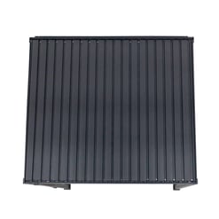 High-quality black metal outdoor deck gate with vertical slats, durable construction, perfect for garden security.