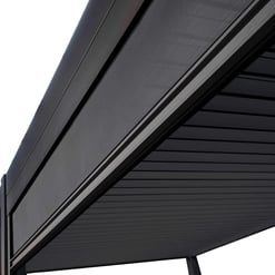 Modern black outdoor pergola with durable metal slats and sleek design.