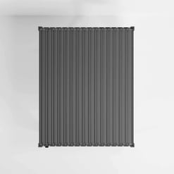 Large gray vertical metal storage shed door for outdoor garden and home organization.