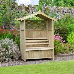 Wooden garden shed with bench, outdoor garden storage, decorative garden furniture, Empire Home and Garden, durable wooden shed for yard, gardening storage solution.