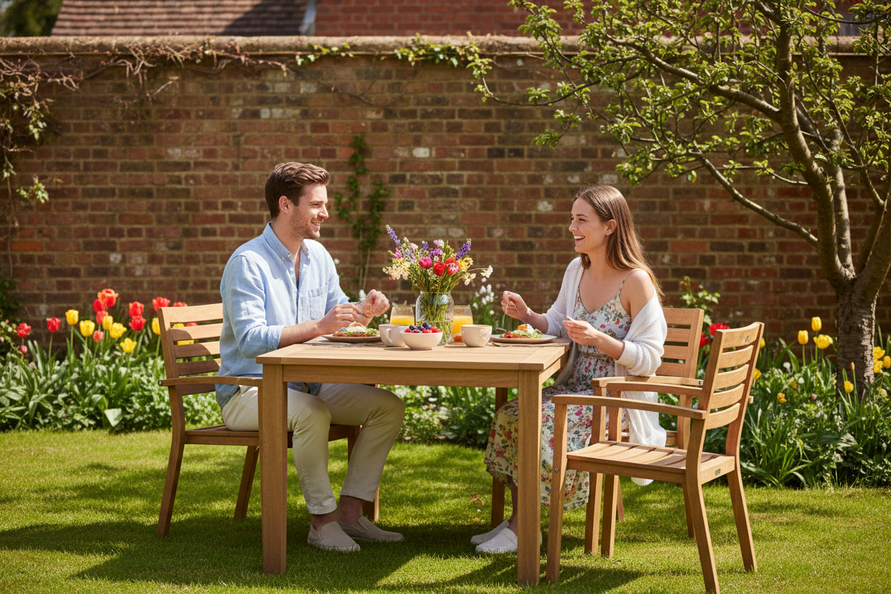A young couple enjoys a relaxed brunch at a modern light oak outdoor dining set in a well-kept UK garden on a bright spring afternoon. They are casually dressed and engaged in conversation, with vibrant red and yellow tulips bordering the manicured lawn and a traditional brick wall in the background. Dappled sunlight filters through an apple tree, creating a warm and inviting atmosphere.