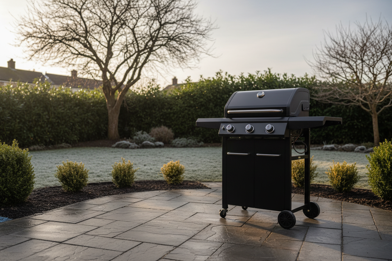 A wide, eye-level shot of a sleek, modern matte black gas BBQ with its lid closed, sitting on a paved patio in a UK suburban garden. The garden features neatly maintained evergreen shrubs with a touch of winter frost and bare deciduous tree branches. Soft, diffused late afternoon winter sunlight casts long shadows across the scene, which is dominated by muted greys, deep greens, and warm browns. The image conveys a sense of aspirational readiness for summer gatherings.