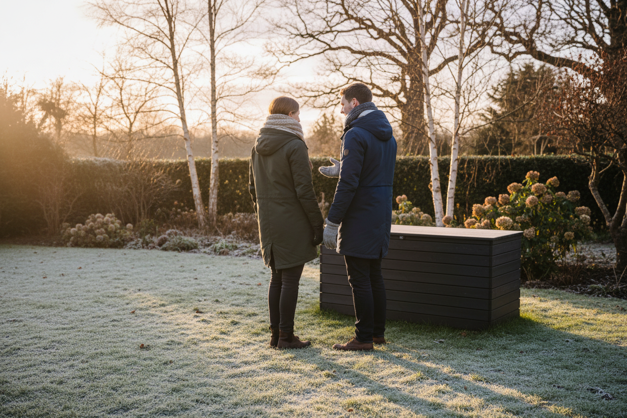 A couple, seen from behind, stand near a dark timber outdoor storage box in a UK garden during a late winter afternoon. Dressed in stylish coats and scarves, they are casually interacting as soft, golden sunset light casts long shadows over a frost-kissed lawn and muted winter foliage, creating a cozy and aspirational atmosphere.
