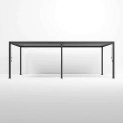 Modern black metal outdoor pergola with a sleek design, perfect for backyard patios or garden shading solutions. Stylish backyard pergola for outdoor entertaining and shade.