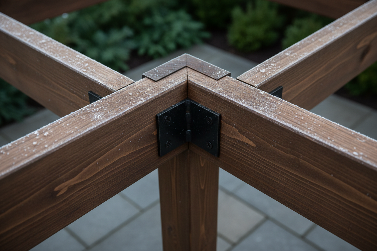 A close-up, photorealistic shot of the intricately joined corner of a modern, dark wood pergola. The image highlights the precise joinery, rich wood grain, and sturdy, subtle fixings. Delicate dew droplets glint on the wood's surface, suggesting a cool winter morning. The softly blurred background reveals hints of evergreen foliage and a textured stone patio. Diffused daylight illuminates the warm wood tones and textures, emphasizing the quality and durability of the craftsmanship.