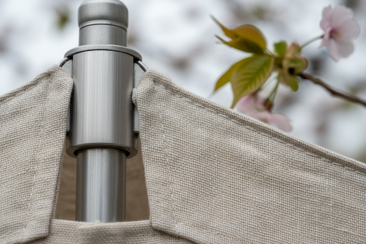 Close-up of a natural linen-coloured parasol canopy's finely woven texture and robust brushed aluminium frame. Intricate stitching and fabric quality are sharp, showcasing craftsmanship. A dew-kissed spring leaf is softly blurred in the background, lit by even, overcast daylight.