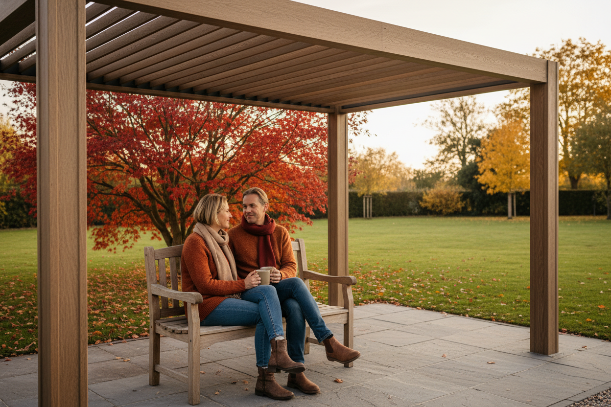 A photorealistic image of a couple in their late 30s, dressed in warm autumnal knitwear, enjoying a quiet moment under a contemporary weathered oak effect composite pergola in a UK garden. The 5m x 3.5m pergola is set against a vibrant red Japanese Maple and a lawn with fallen leaves. Soft, golden-hour light filters through the louvred roof, casting dappled patterns on the paving stones. The couple appears content and relaxed, possibly sharing a mug of tea, in the middle ground of this inviting scene.