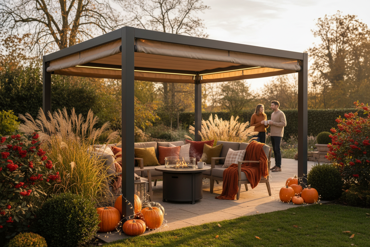 A photorealistic, aspirational lifestyle shot of a modern, open-sided pergola in a UK garden on a crisp autumn afternoon. Integrated warm LED lighting subtly illuminates the space, which is decorated with pumpkins and fairy lights. In the soft-focus background, a couple enjoys warm drinks, their breath visible in the cool air. Ornamental grasses and red-berried shrubs surround the scene, creating a cozy, inviting, and sophisticated atmosphere. The lighting is a blend of golden hour sunlight and the pergola's glow, viewed from a slightly elevated angle. The color palette features warm autumnal hues of orange and russet against muted greens and the grey pergola structure.