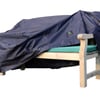 Weatherproof outdoor furniture cover protecting a wooden bench and cushion for garden and patio use.