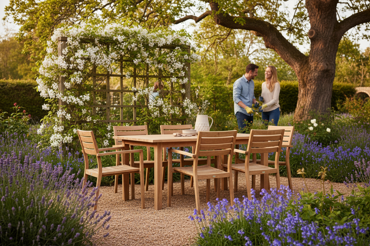 A photorealistic medium shot showcases a contemporary light oak wood outdoor dining set with clean lines, bathed in soft, dappled afternoon sunlight. The set is situated in a picturesque UK cottage garden bursting with spring blooms of lavender, bluebells, and white clematis. In the slightly blurred background, a couple enjoys a laughing conversation while gardening, embodying relaxed outdoor living. The aspirational composition highlights the dining set as a central point for connection and enjoyment of the garden space, with a harmonious color palette of natural wood, greens, and pastel florals.