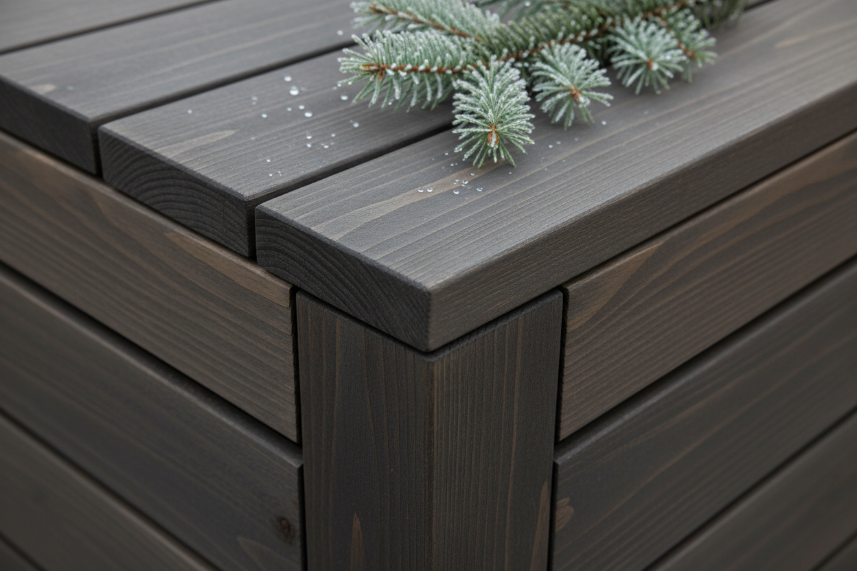 A photorealistic close-up of the corner joint of a dark grey timber garden storage box, highlighting precise joinery and weathered wood grain. A frosted evergreen sprig with dew drops rests on the lid. Soft natural daylight emphasizes the rich textures and durable, high-quality design.